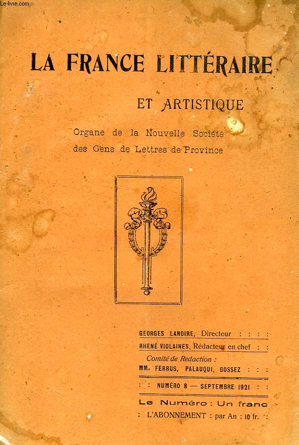 LA FRANCE LITTERAIRE & ARTISTIQUE, 7e ANNEE, N 8, SEPT. 1921
