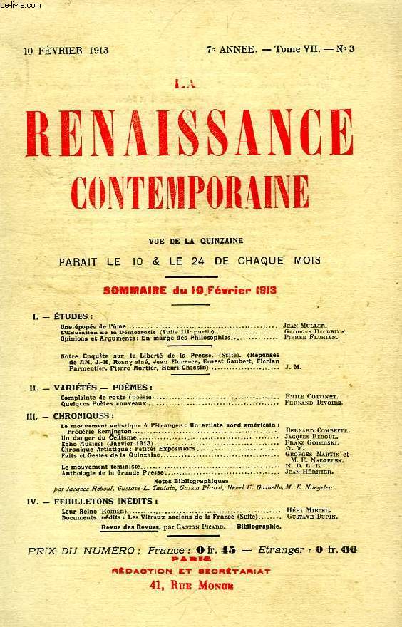 LA RENAISSANCE CONTEMPORAINE, 7e ANNEE, N 3, FEV. 1913