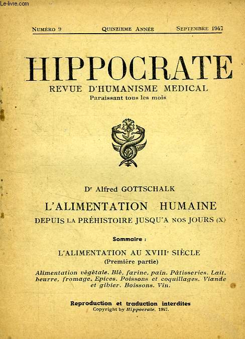 HIPPOCRATE, 15e ANNEE, N 9, SEPT. 1947, REVUE D'HUMANISME MEDICAL
