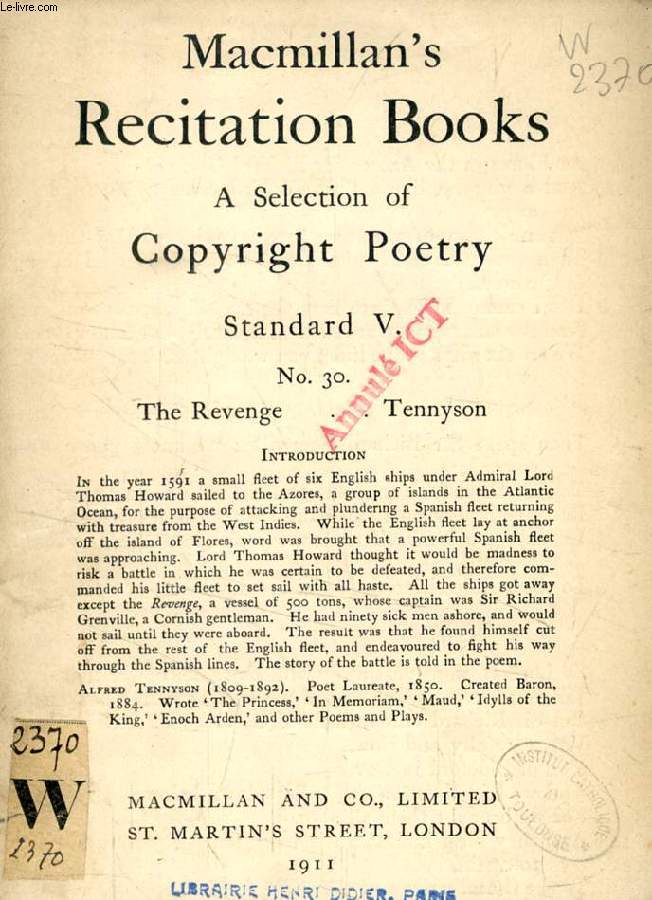 MACMILLAN'S RECITATION BOOKS, A SELECTION OF COPYRIGHT POETRY, STANDARD V, N 30, THE REVENGE, TENNYSON