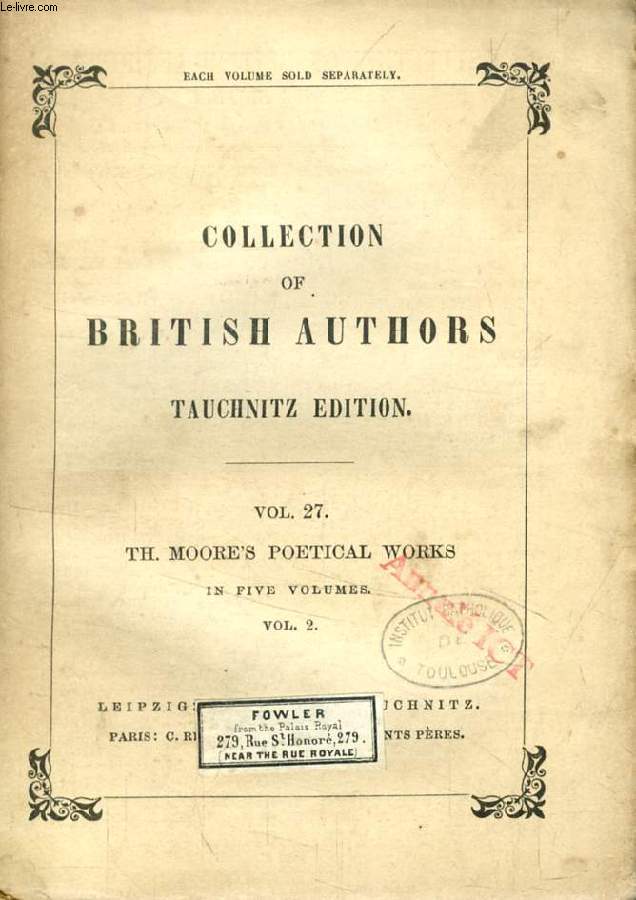 THE POETICAL WORKS OF THOMAS MOORE, VOL. 2 (TAUCHNITZ EDITION, COLLECTION OF BRITISH AND AMERICAN AUTHORS, VOL. 27)