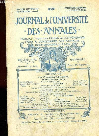 JOURNAL DE L UNIVERSITE - DES ANNALES - PUBLIANT TOUS LES COURS ET CONFERENCES FAITS A L UNIVERSITE DES ANNALES RUE ST GEORGES, 51, PARIS - MERCREDI 19 AOUT TOME II N 23