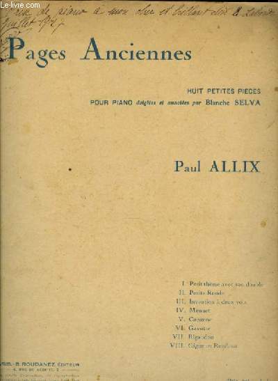 PAGES ANCIENNES huit petites pices pour piano doigtes et annotes par Blanche Selva