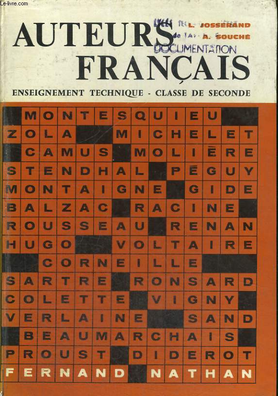 AUTEURS FRANCAIS. LECTURE EXPLIQUEES. CLASSE DE SECONDE TECHNIQUE. PROGRAMME DE 1965.