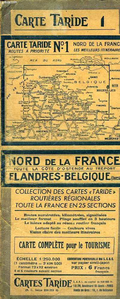 CARTE N1 DU NORD DE LA FRANCE - FLANDRES BELGIQUE OUEST- CARTE COMPLETE POUR LE TOURISME