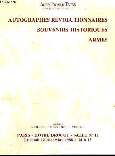 Catalogue de Vente aux Enchres d'Autographes rvolutionnaires, souvenirs historiques et armes.