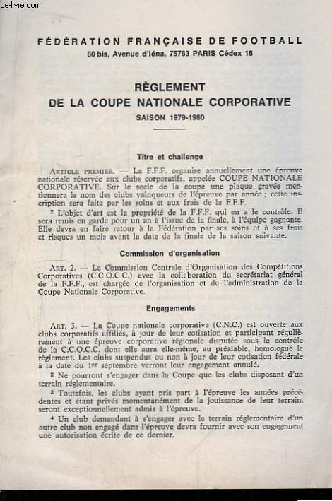 Rglement de la Coupe Nationale Corportative. Saison 1979 - 1980