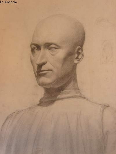 Portrait original d'un homme chauve, dessin de face 3/4, au crayon.