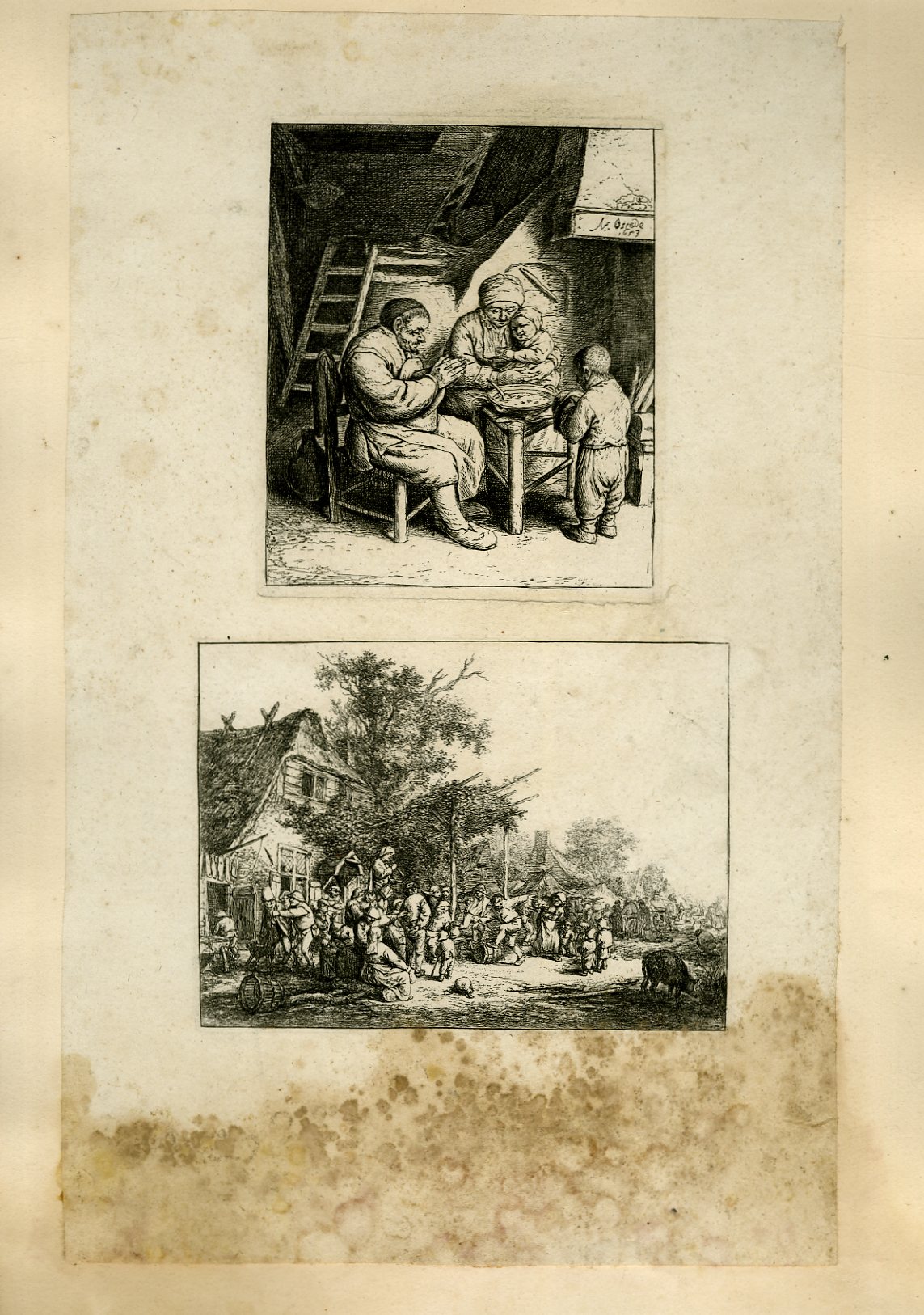 Planche illustre de 2 gravures originales en noir et blanc : Une famille de parents avec ses 2 enfants, faisant la Bndicit. Scne anime d'un village.