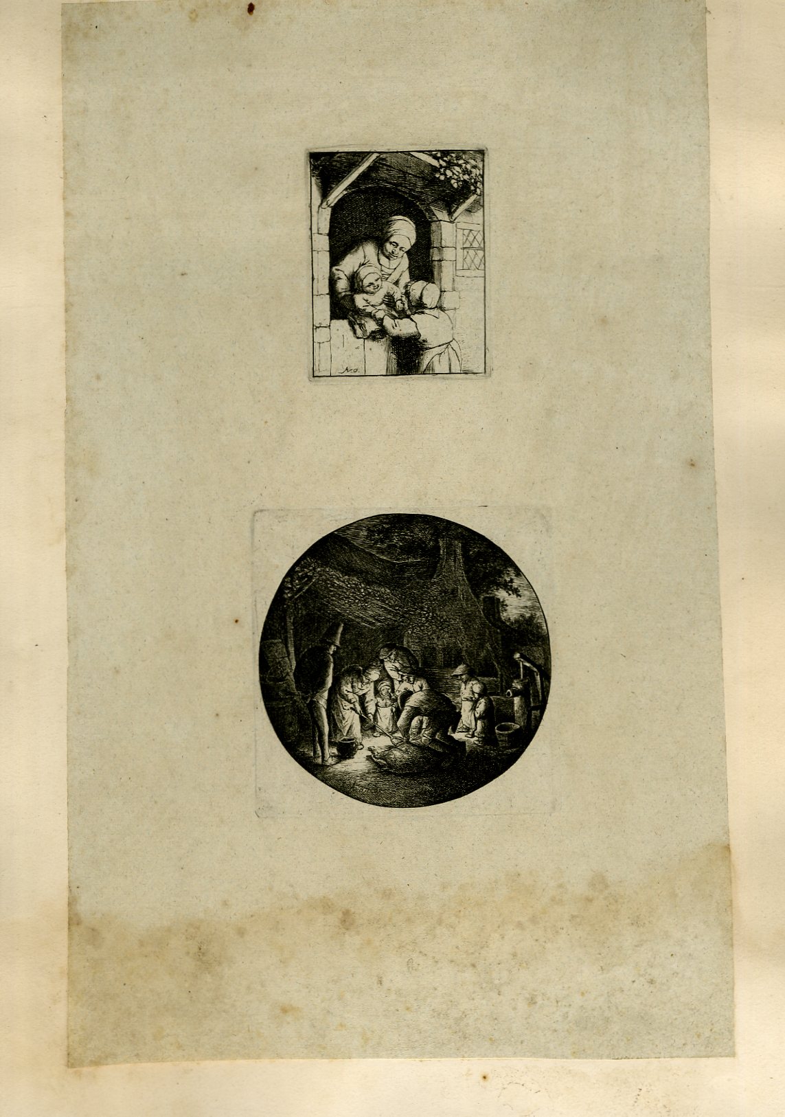 Planche illustre de 2 gravures originales en noir et blanc : Une femme passant son bb par dessus un portique,  sa jeune fille - Vue sur 8 villageois tuant un porc ou sanglier  la tombe de la nuit