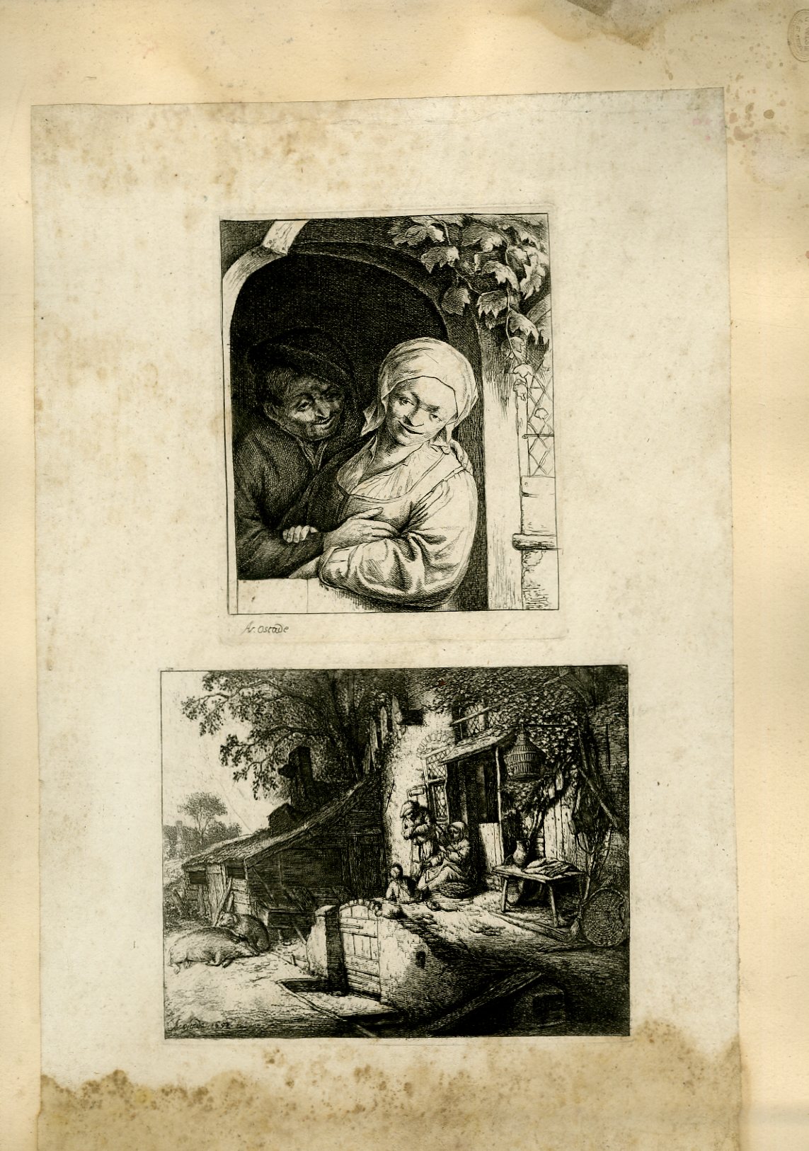 Planche illustre de 2 gravures originales en noir et blanc : Un couple s'enlassant - Vue d'une entre de maison, avec 2 vieilles dames passant le temps, et un chien surveillant la carcasse d'un sanglier.
