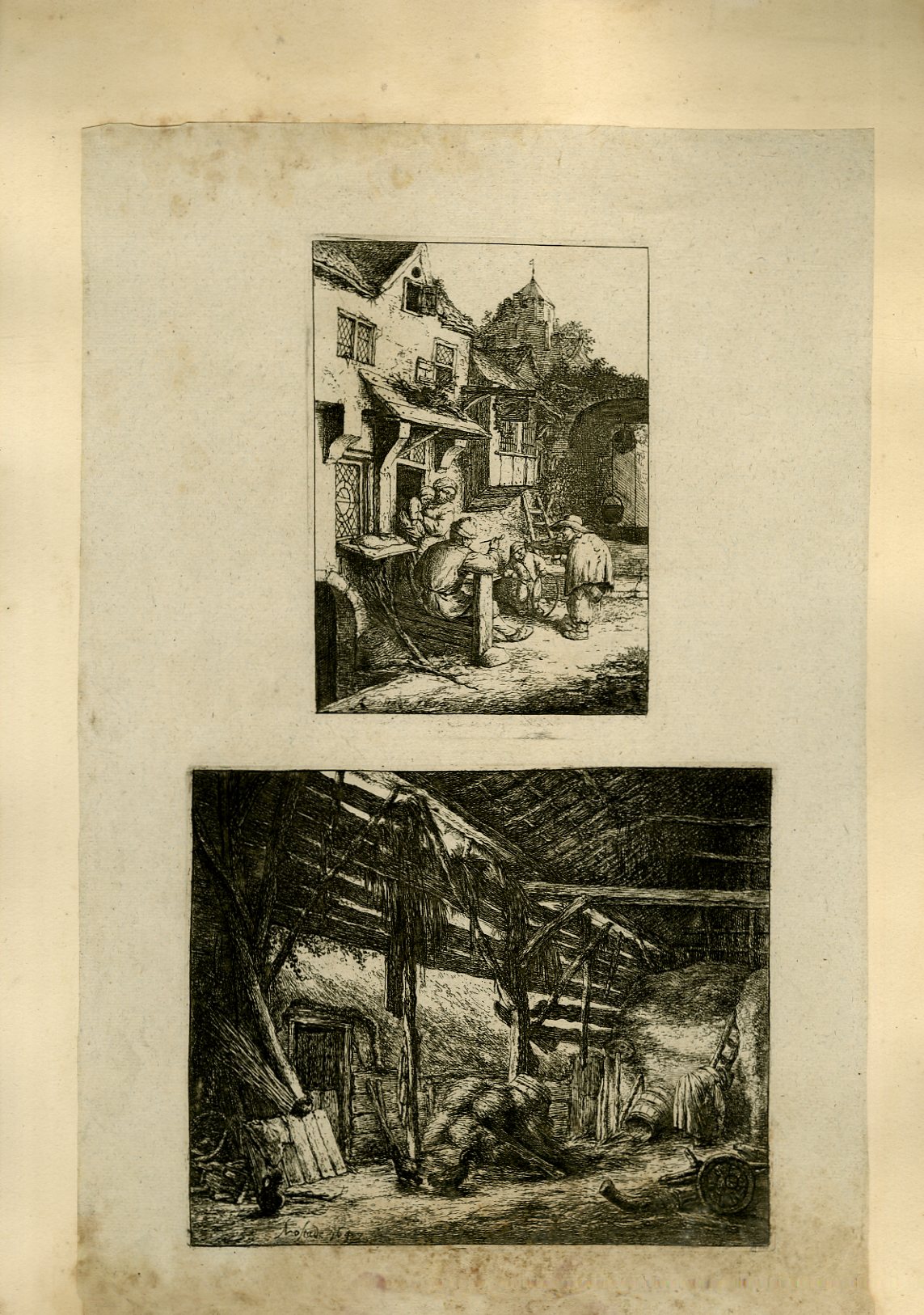 Planche illustre de 3 gravures originales en noir et blanc : Une scne de village, avec 5 villageois devant une entre de commerce - Intrieur d'une grange remplie de pailles et de divers outils de paysans, avec 2 poules.