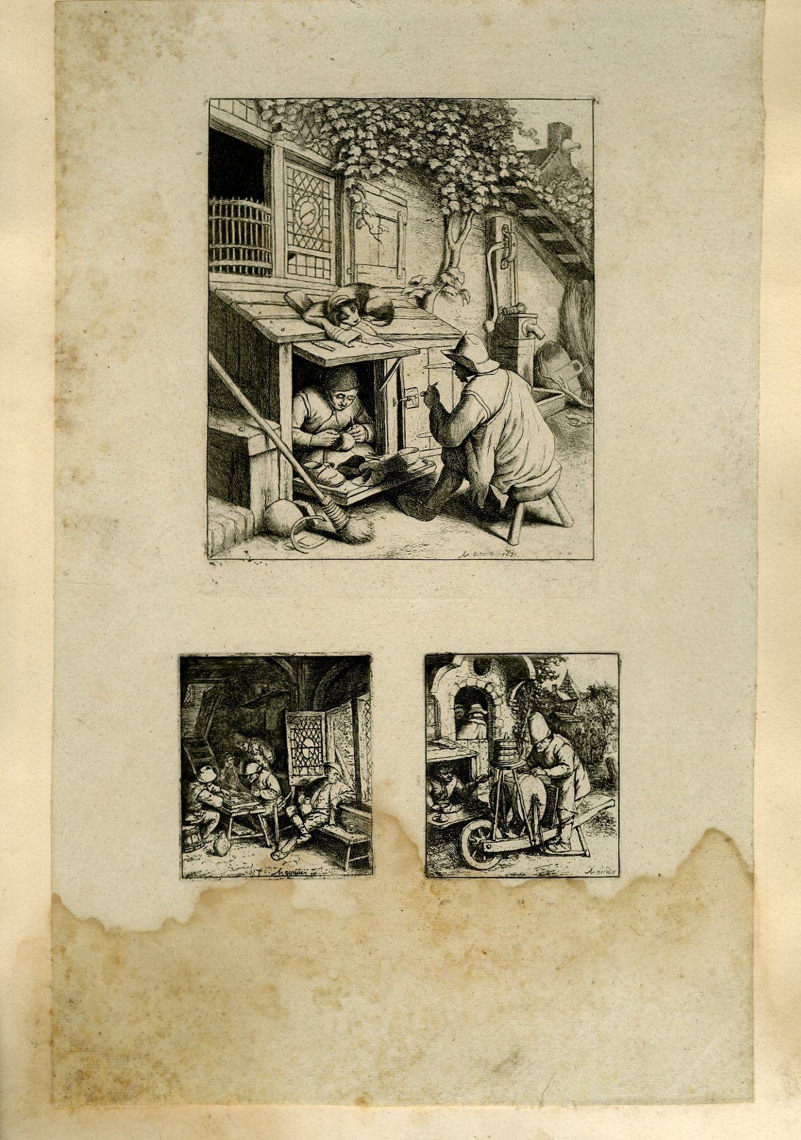 Planche illustre de 3 gravures originales en noir et blanc : Diffrentes tapes d'un atelier de sabotier.