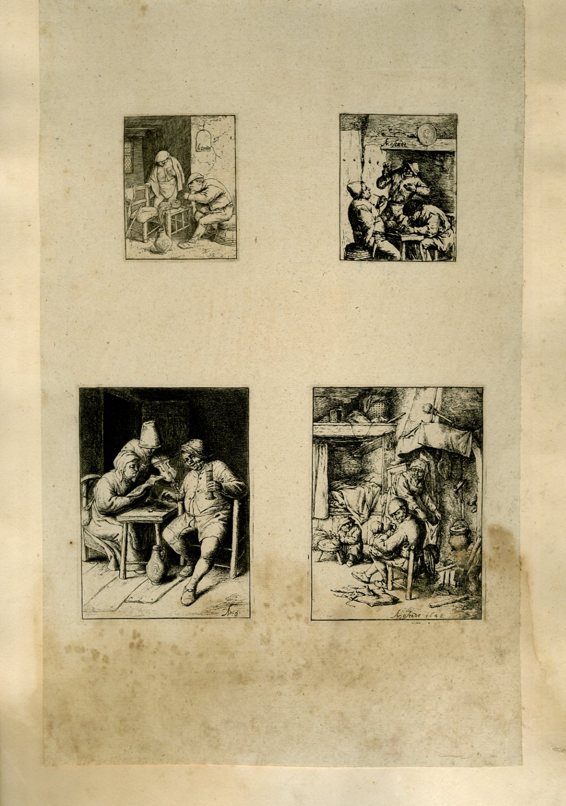 Planche illustre de 4 gravures originales en noir et blanc : Scnes de villageois durant leurs repas.