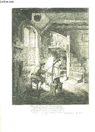 Gravure XVIIe reprsentant un peintre en action, accompagn de 2 assistants, dans son atelier.