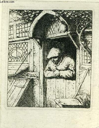 Une gravure originale, en noir et blanc, d'un homme coiff, et accoud au battant d'une porte.