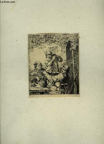 Gravure en noir et blanc, d'un groupe de 3 hommes, dont 2 jouant de la flte et du violon.
