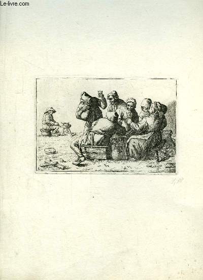 Gravure originale en noir et blanc, de 4 hommes et 2 femmes, autour d'une table, buvant et festoyant.