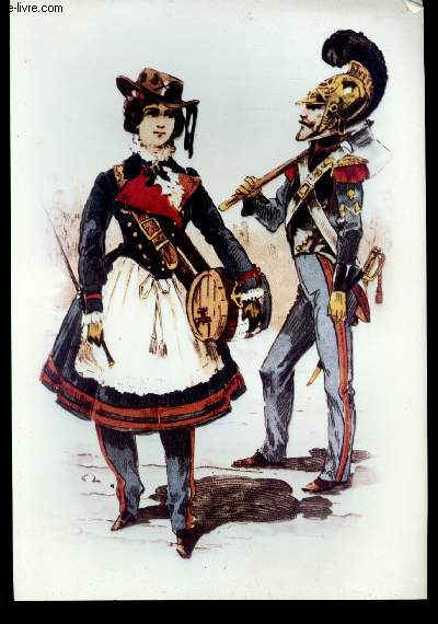 Planche illustre en couleurs, reprsentant un pompier en uniforme, arm d'une hache, aux cots d'une femme en uniforme, tenant un petit tonneau sous son bras.