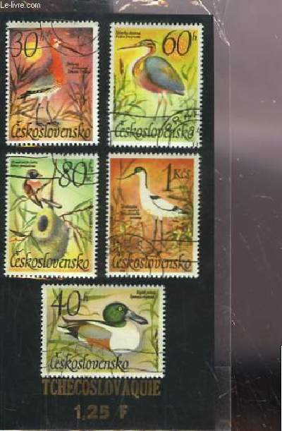 Collection de 5 timbres-poste oblitrs, de Tchcoslovaquie. Srie : Oiseaux.