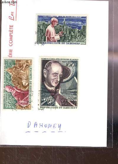 Collection de 3 timbres-poste oblitrs, de Dahomey. Visite de Paul VI  l'ONU