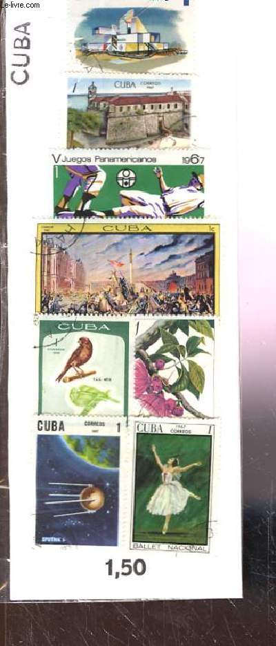 Collection de 8 timbres-poste oblitrs, de Cuba. Correos, Ballet Nacional, Footbal, fleurs et oiseaux. Sputnik.