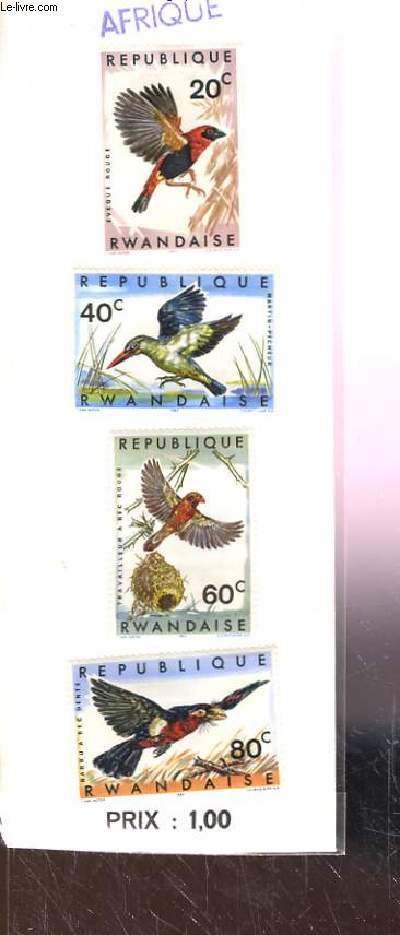 Collection de 4 timbres-poste neufs, de la Rpublique Rwandaise. Srie Oiseaux.
