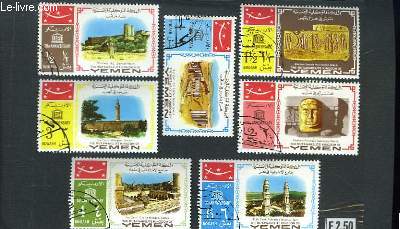 Collection de 7 timbres-poste oblitrs, du Yemen. Temples.