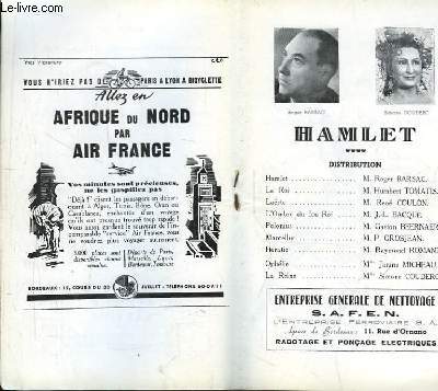 Programme Officiel du Grand Thtre de Bordeaux : Hamlet, avec Roger Barsac et Simone Couderc.
