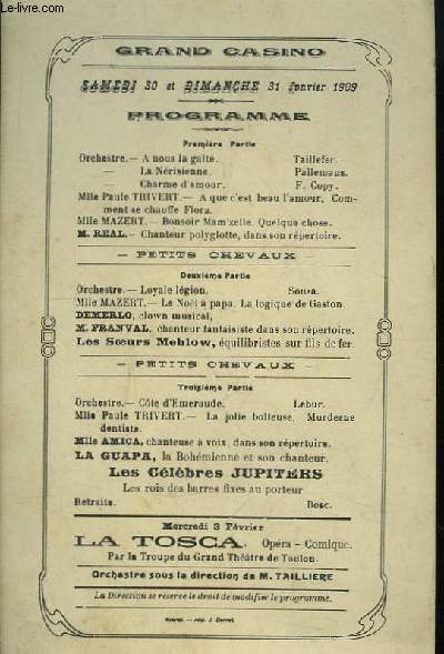Programme au Grand Casino, les 30 et 31 janvier 1909.
