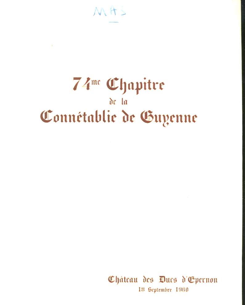 74me Chapitre de la Conntablie de Guyenne. Menu du 18 septembre 1960
