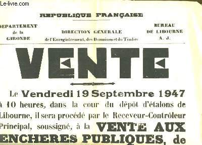 Affiche de la Vente aux Enchres Publiques de 2 Etalons : Oberland (Trait breton) et Nathan (Anglo-Arabe). Le 19 septembre 1947