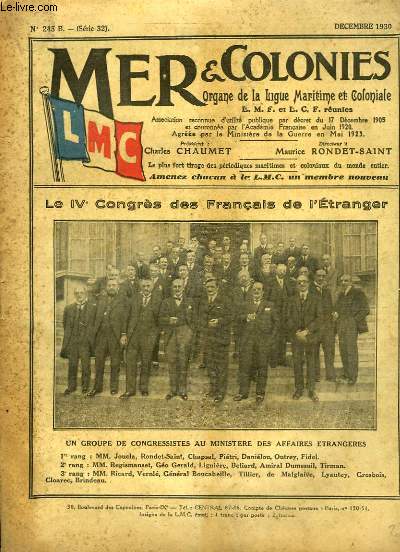 Mer & Colonies N245 B - Srie 32 : Le IVe Congrs des Franais de l'Etranger - La Croisire L.M.C. du 