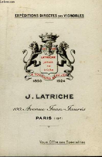 Carte de Visite de J. Latriche, Expditions Directes des Vignobles.