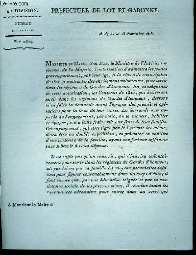 1 lettre imprime (N1464), d'autorisation d'admission des jeunes gens  la classe de conscription de 1815.