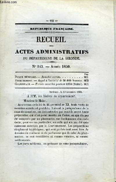 Recueil des Actes Administratifs N243 - 1850 : Police Mdicale, remdes secrets - Colportage ...