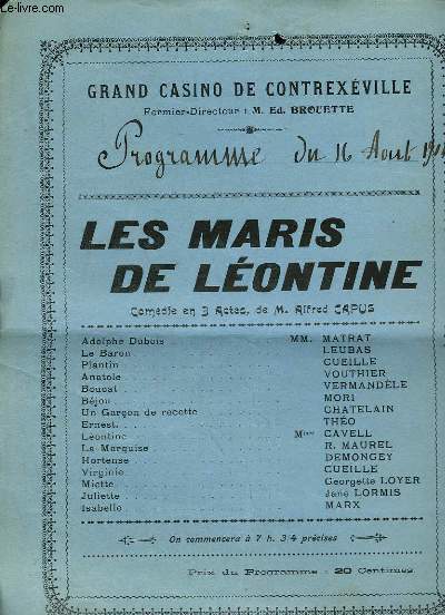 Programme du Grand Casino de Contrexeville, du 16 aot 1904 : 
