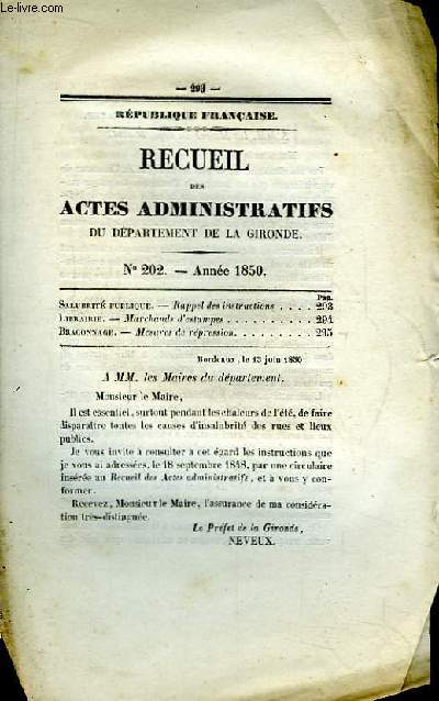 Recueil des Actes Administratifs N202 - Anne 1850 : Marchands d'Estampes - Braconnage : Mesures de rpression.