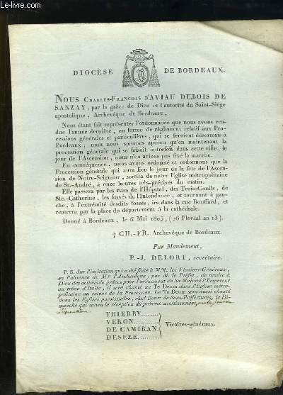 Lettre imprime du Diocse de Bordeaux, du 6 mai 1805.