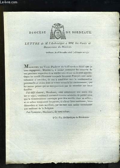 Lettre de M. L'Archevque  MM. les curs et Desservans du Diocse.