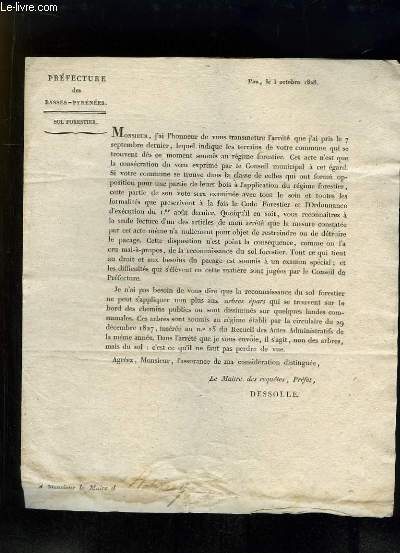 Lettre imprime adresse au Maire d'Etcharry, sur les sols forestiers.