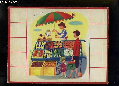 Planche illustre, d'une maman avec sa fille devant un stand de fruits et lgumes.