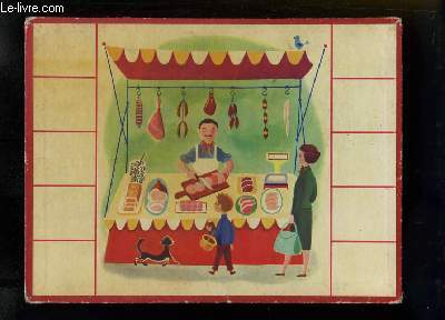 Planche illustre, d'une maman et son fils devant un stand de boucher-charcutier