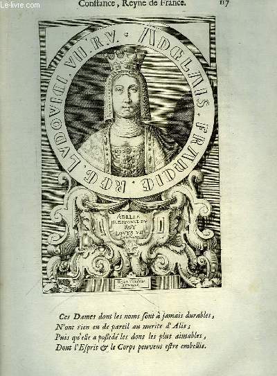 Une Gravure, XVIIIe sicle, en noir et blanc d'Adelle III, Epouse du Roy Louys VII, dit Le Jeune.