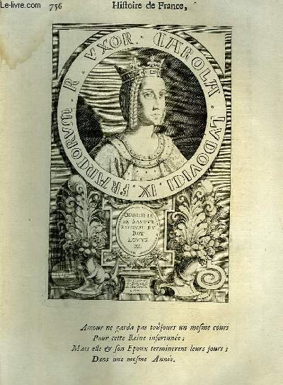 Une Gravure, XVIIIe sicle, en noir et blanc de Charlotte de Savoye, Epouse du Roy Louys XI