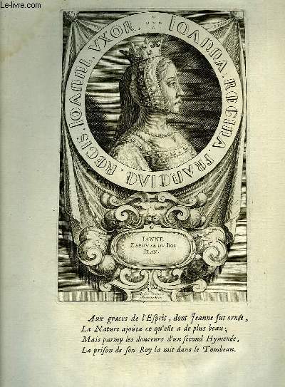 Une Gravure, XVIIIe sicle, en noir et blanc de Jeanne, Epouse du Roi Jean.