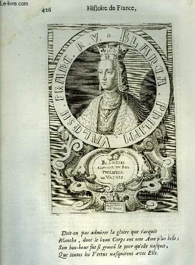 Une Gravure, XVIIIe sicle, en noir et blanc de Blanche, Espouse du Roi Philippes de Valois. De son Tombeau  St-Denys.