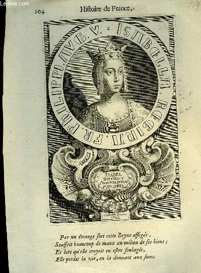Une Gravure, XVIIIe sicle, en noir et blanc d'Isabel d'Henaut, Epouse du Roy Philippes Auguste