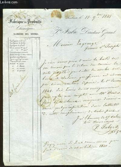 Lettre manuscrite de P. Fabie  Monsieur Lagrange - Barrire des Minimes.