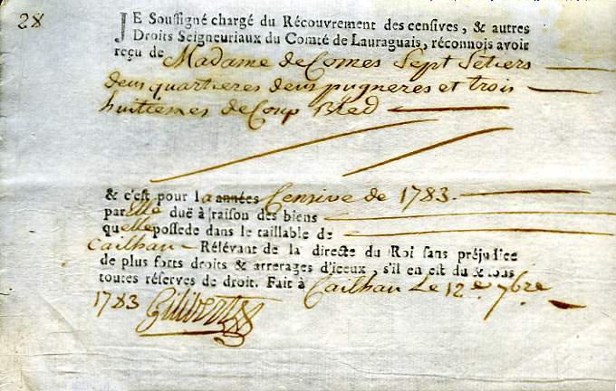 Quittance de la Censive du Roy, date de Septembre 1783, tabli par le Recouvrement des Censives, & autres Droits Seigneuriaux du Comt de Lauraguais.